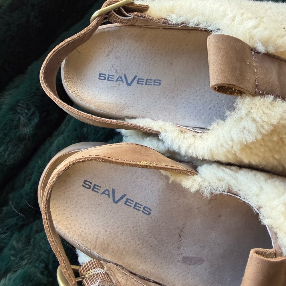 Seavees Cream Shearling Clogs with Tan Strap - Picture 4 of 10